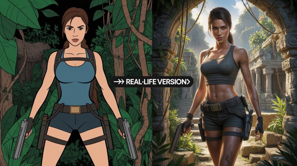 Stylized Lara Croft with pistols in jungle → Photorealistic archaeologist in crop top for sexy video game characters in real life.