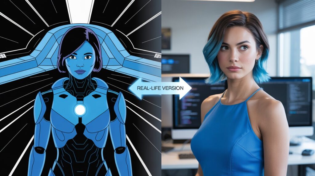 Stylized Cortana as hologram in Halo → Photorealistic coder in tight dress for sexy video game characters in real life.