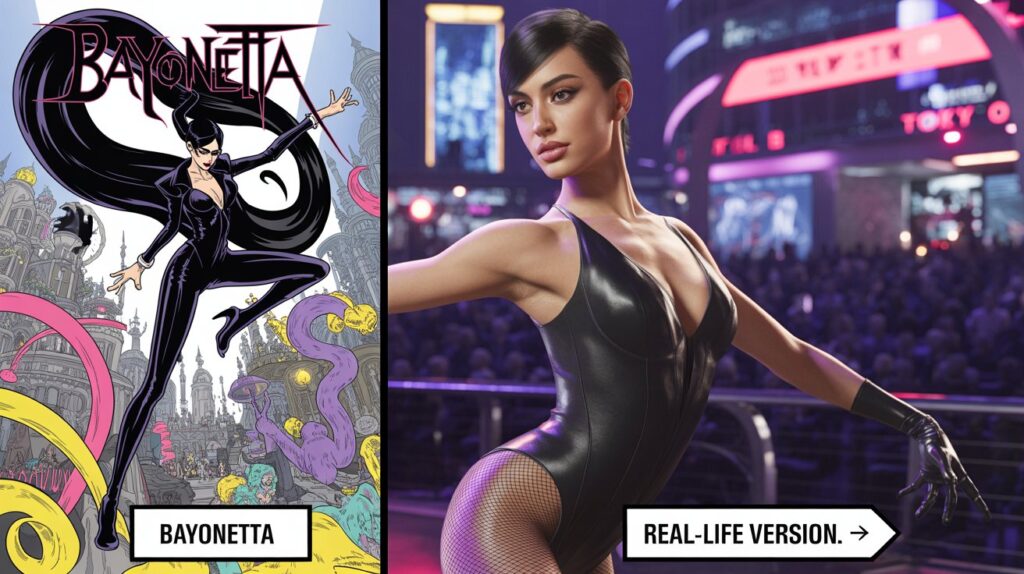 Stylized Bayonetta with gun-heels → Photorealistic dancer in leather bodysuit for sexy video game characters in real life.