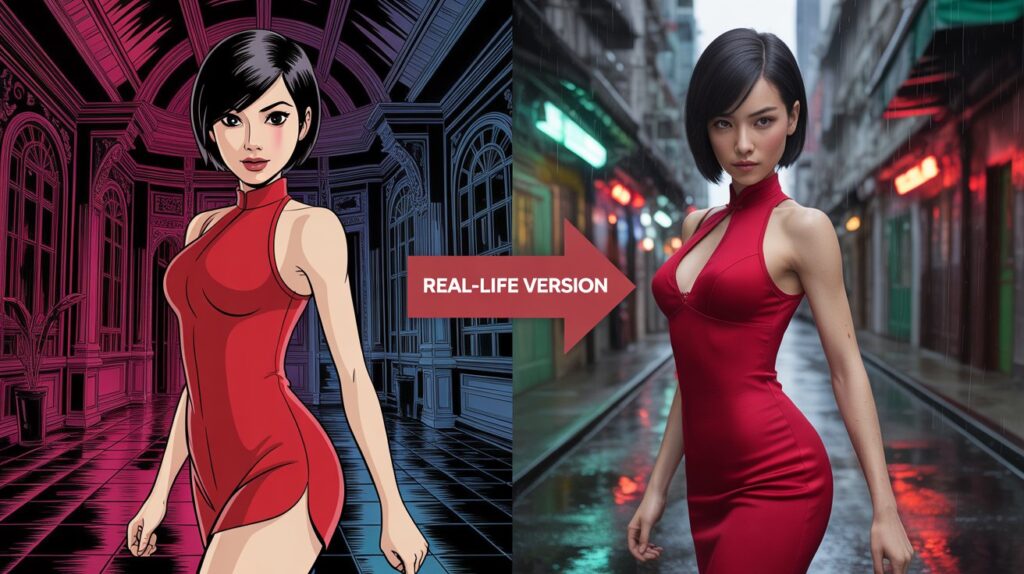 Stylized Ada Wong in red dress with gun → Photorealistic spy in tight gown for sexy video game characters in real life.