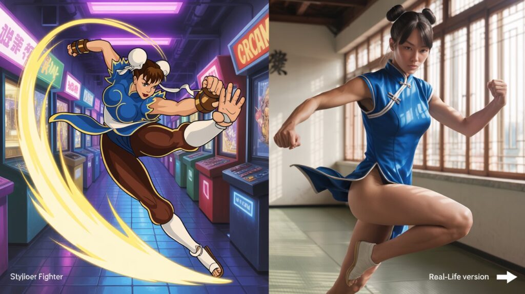 Chun-Li kicks in Street Fighter → Photorealistic martial artist in qipao with sexy legs for sexy video game characters in real life.