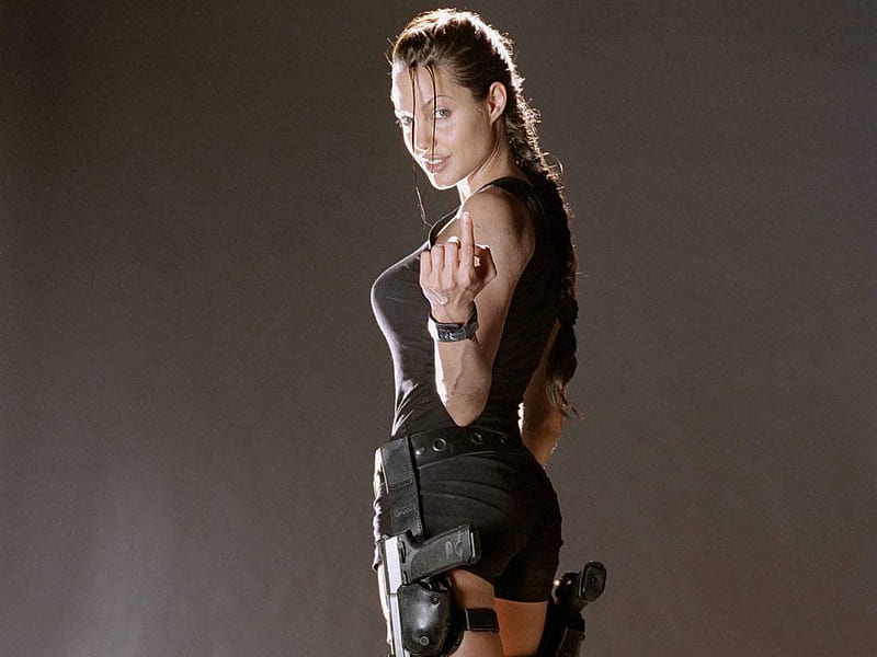 Angelina Jolie as Lara Croft, fierce and alluring in Tomb Raider.
