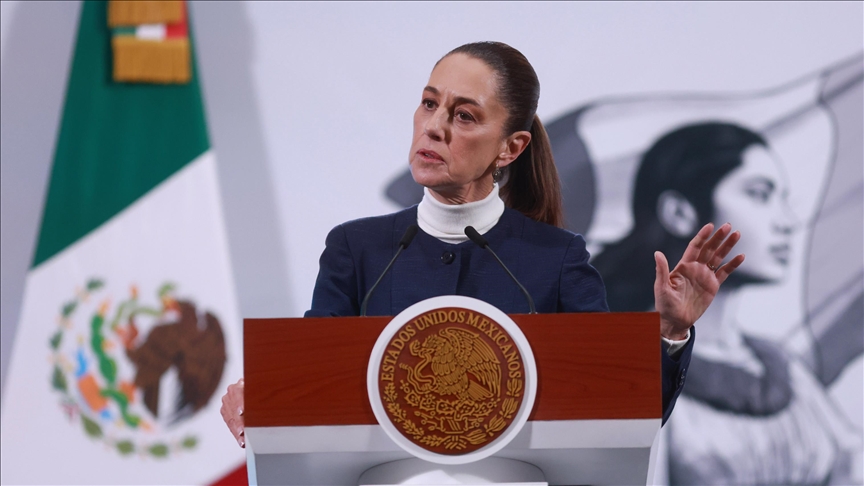 Claudia Sheinbaum at a press conference addressing Google Lawsuits 2025.