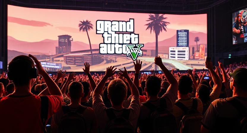 Gamers hyped for GTA 6 Trailer 2 on a giant screen, capturing 2025’s gaming excitement.