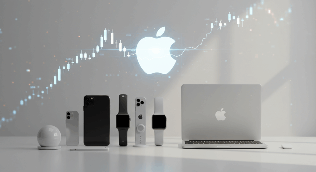 Apple products with financial charts, highlighting 2025 earnings success