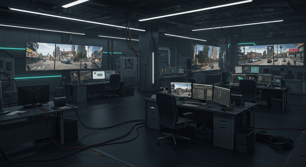 Rockstar Games studio with GTA 6 Trailer 2 concept art on monitors, highlighting secretive 2025 plans.
