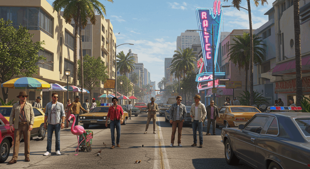 Vibrant Vice City street with NPCs and neon signs, teasing GTA 6 Trailer 2’s open-world for 2025.