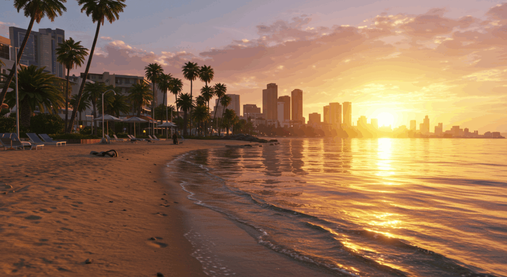 Hyper-realistic Vice City beach screenshot from GTA 6 Trailer 2, showcasing 2025’s next-gen graphics.