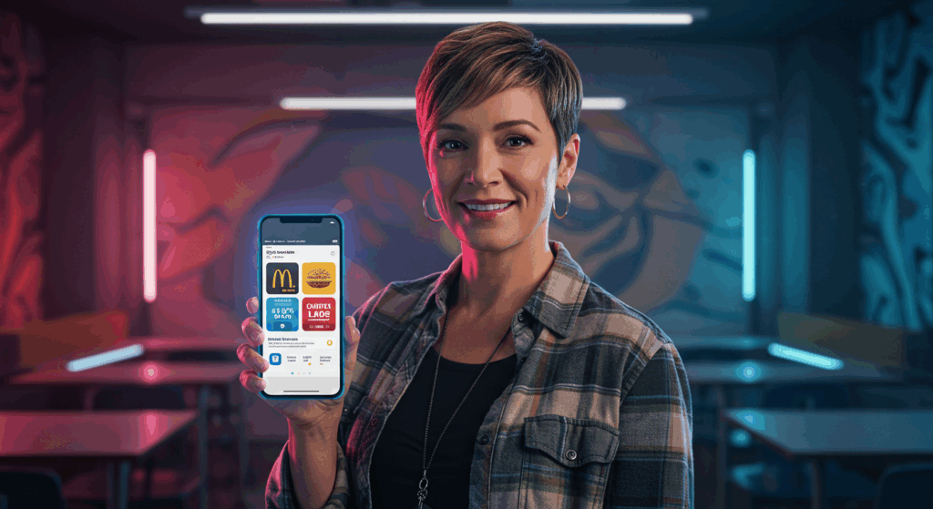 Teacher using smartphone for Teacher Appreciation Day 2025 deals from McDonald’s and Chipotle.