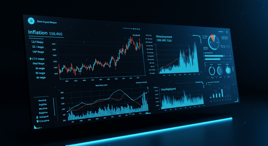 Digital dashboard tracking inflation and unemployment for Fed interest rate decision 2025.