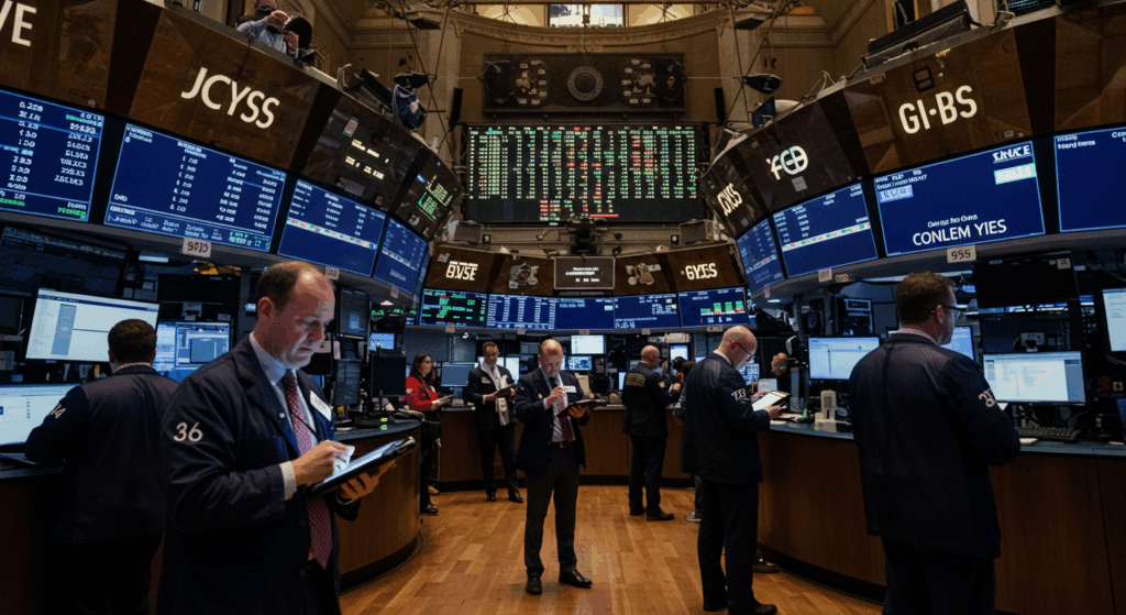 Traders reacting to Fed interest rate decision 2025 on a futuristic stock exchange floor.