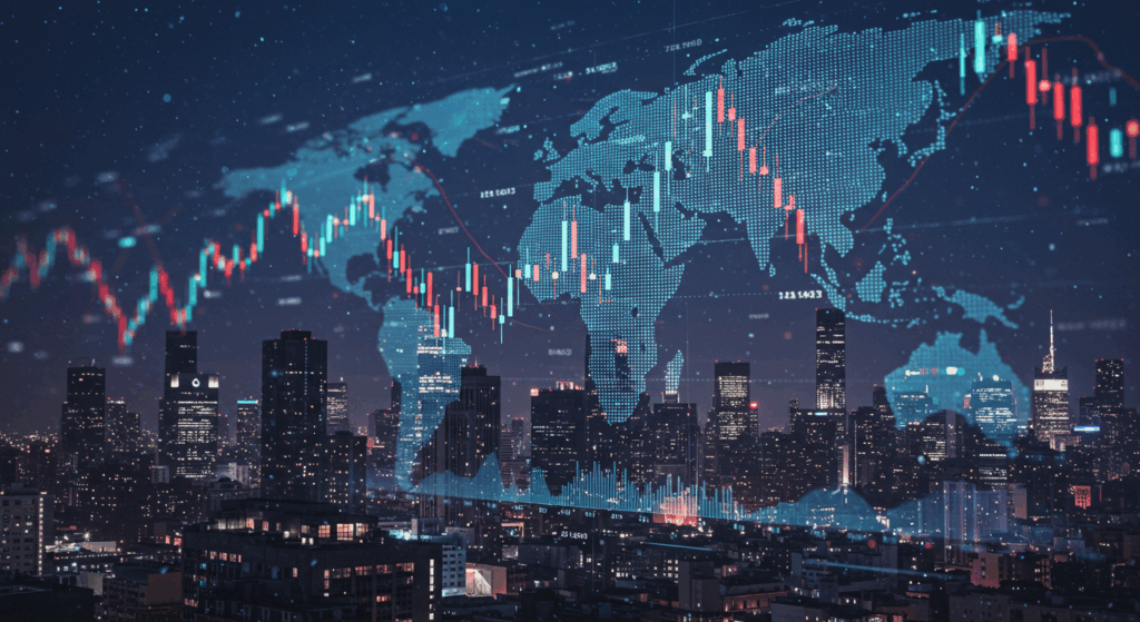Global market skyline with digital charts for Fed interest rate decision 2025.