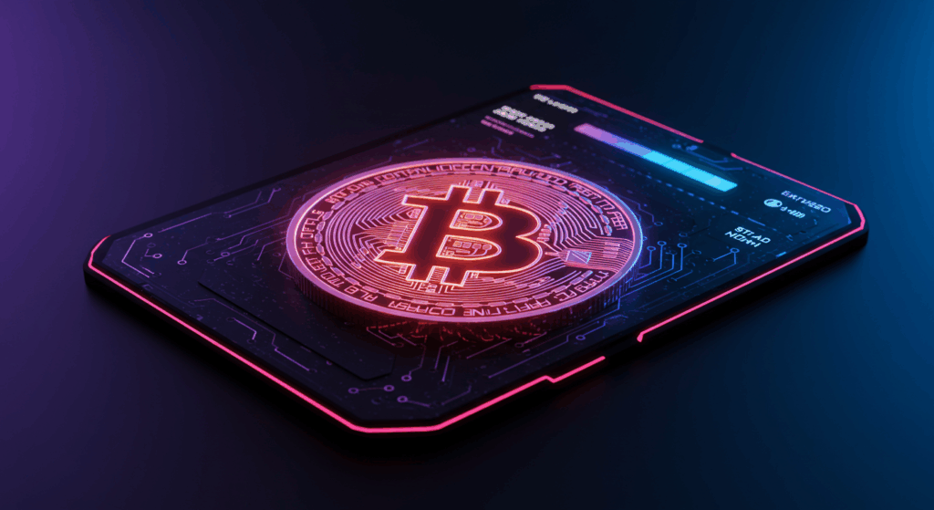 Glowing Bitcoin on a digital wallet, showcasing crypto guide for beginners.