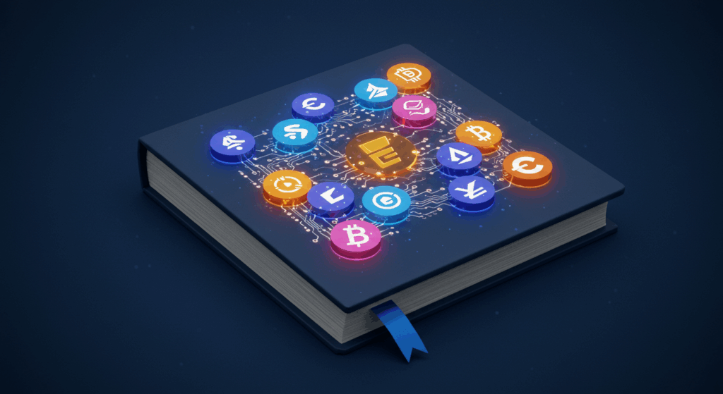 Digital book with crypto icons for crypto guide for beginners.