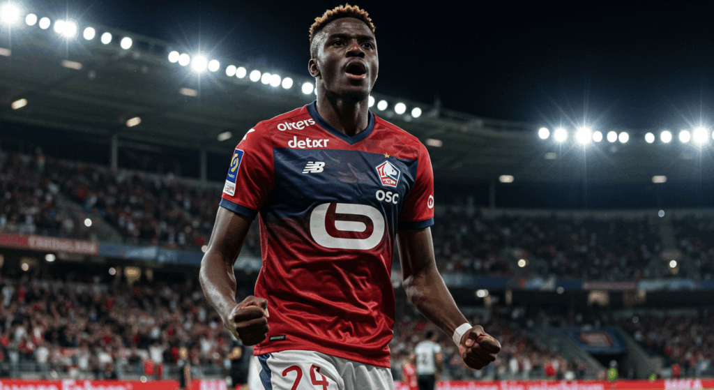 Osimhen in Lille jersey celebrating for Victor Osimhen biography.