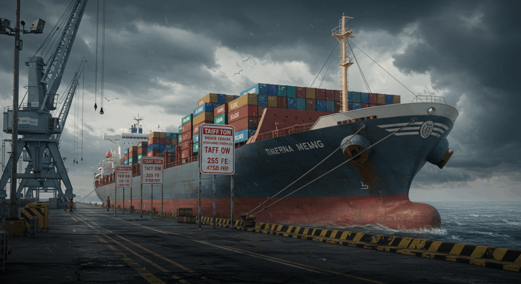 Cargo ship with tariff signs for Trump’s new policies global impact.

