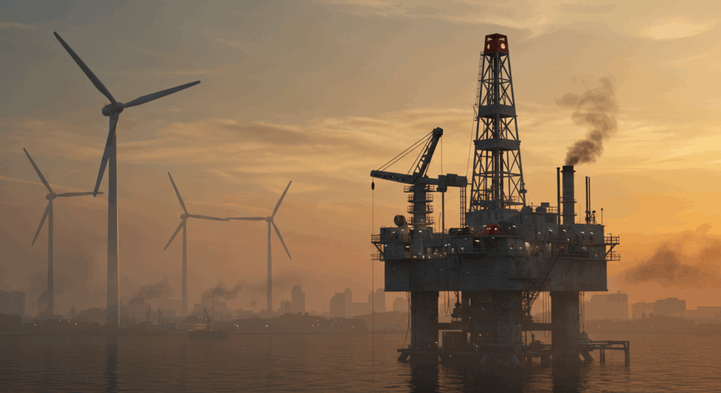 Oil rig vs. wind turbines for Trump’s new policies global impact.

