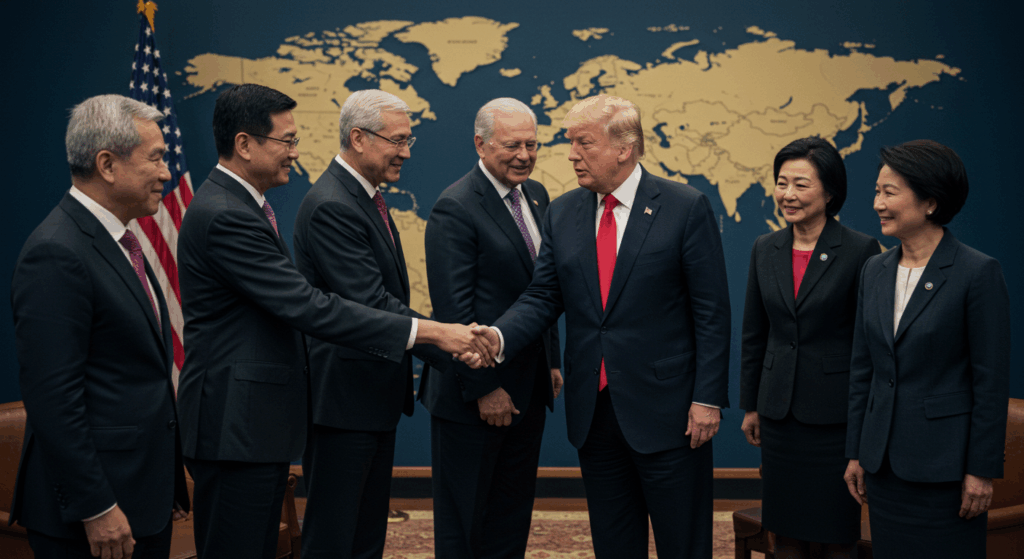 Trump with world leaders for Trump’s new policies global impact.

