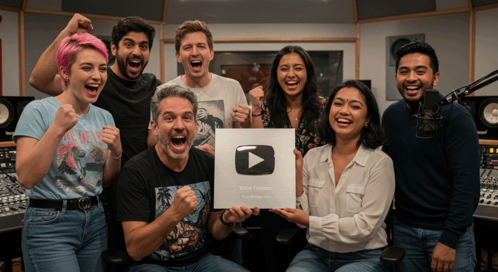 Creators celebrating for YouTube content creation trends 2025.

