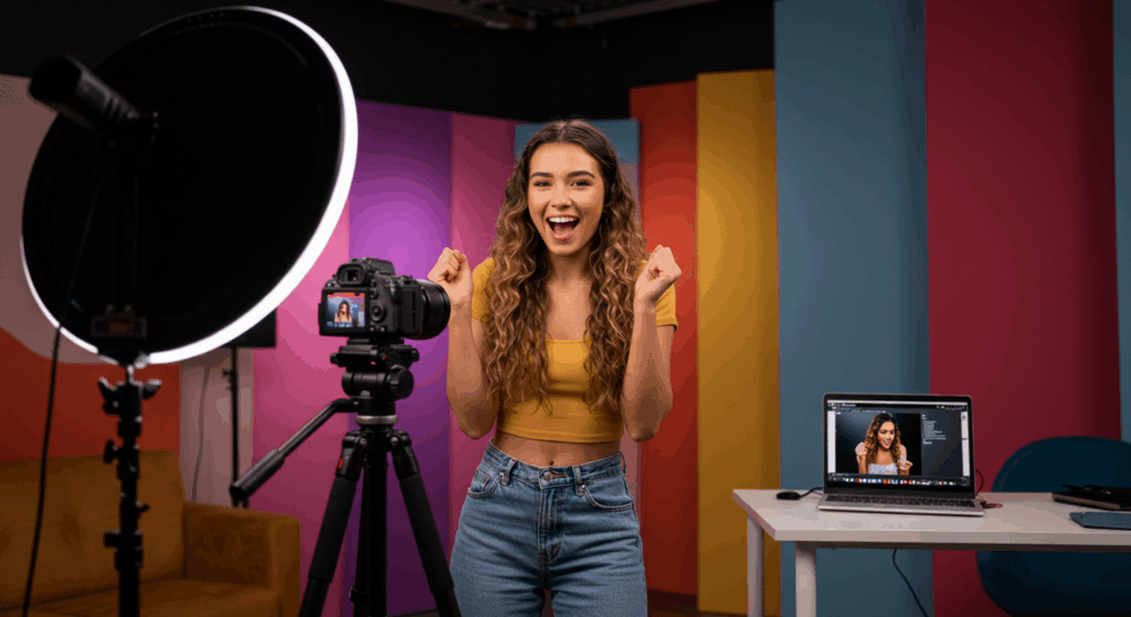 Excited female creator filming for YouTube content creation trends 2025.