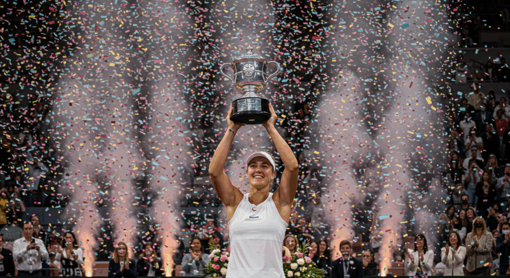 Sabalenka with Madrid Open trophy 2025.