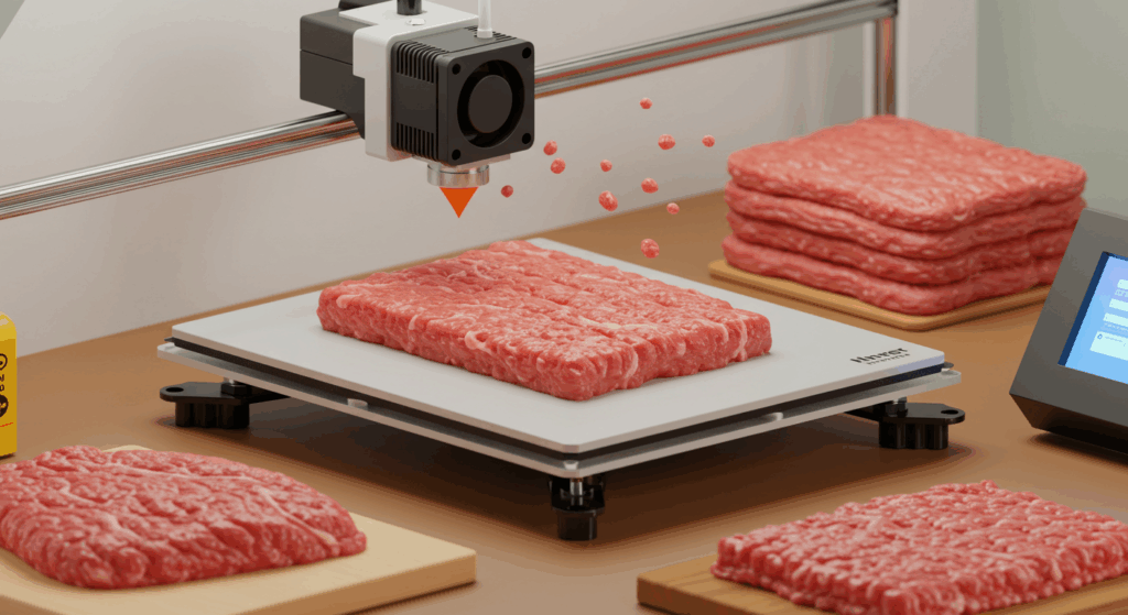 Chef slicing 3D printed vegan steak.