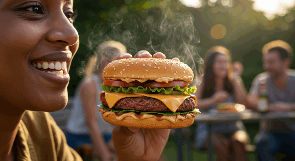 Tasting 3D printed vegan burger.