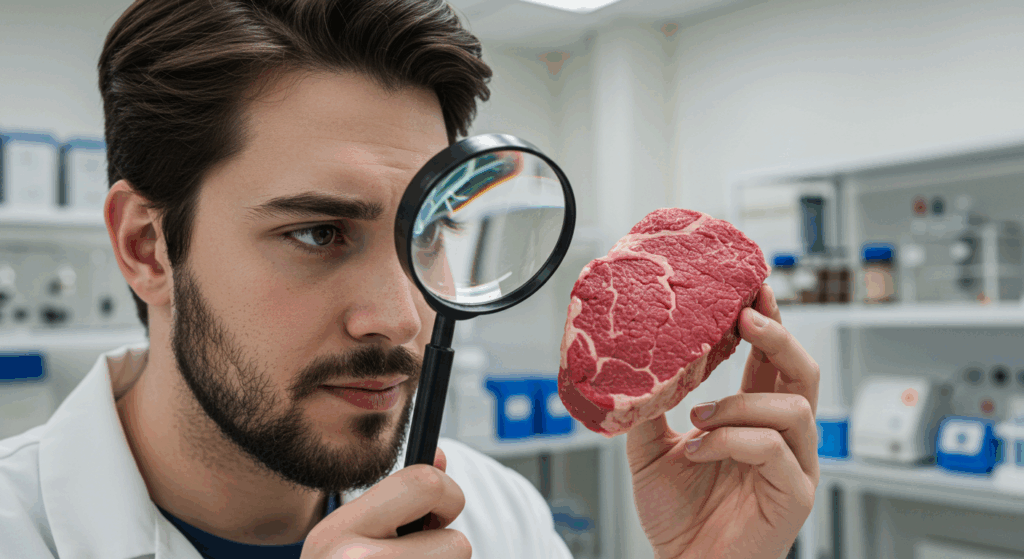 Examining 3D printed vegan meat for flaws.