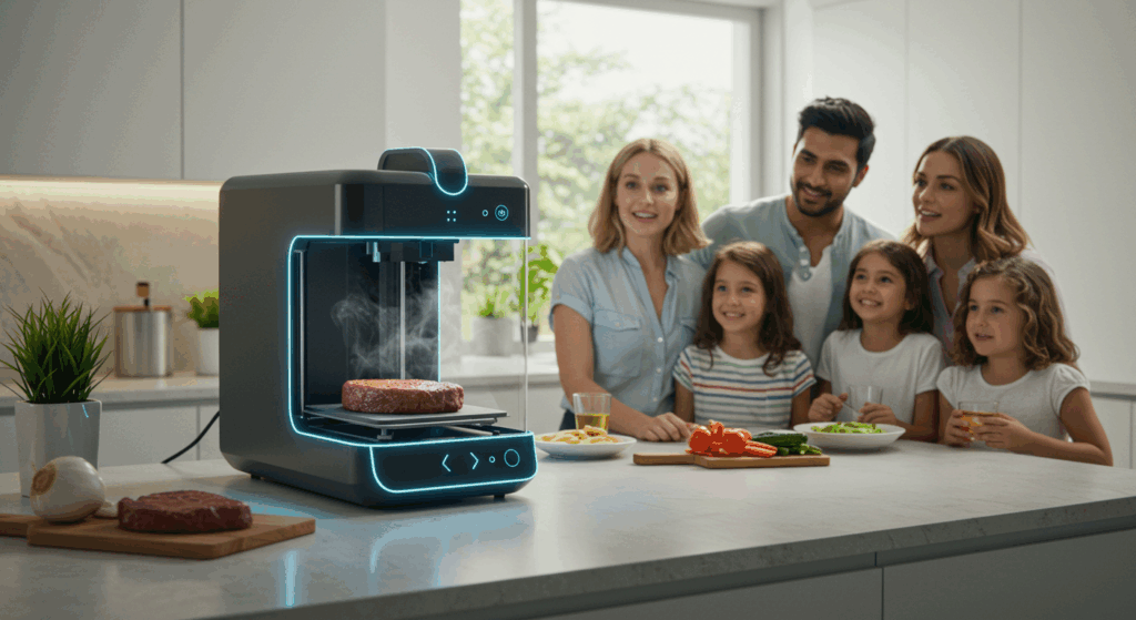 Home 3D printer making vegan steak.