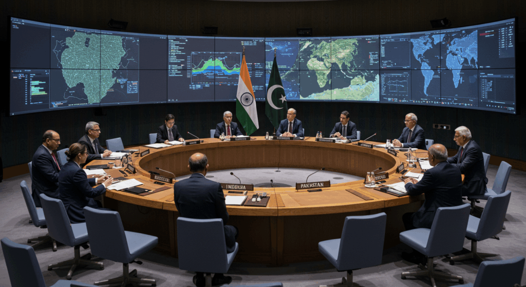 UN meeting on India Pakistan conflict 2025 with digital displays.