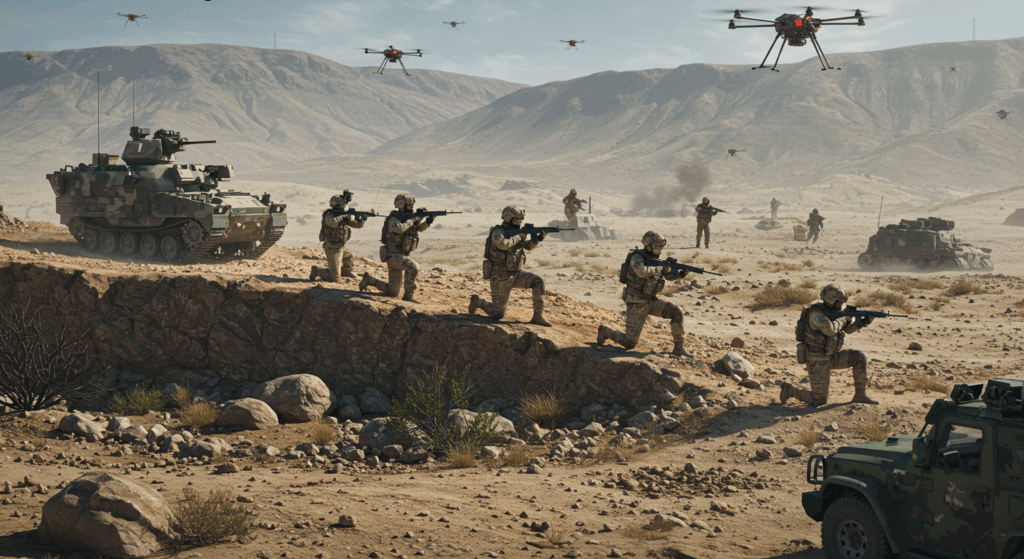 Soldiers and drones at the Line of Control in India Pakistan conflict 2025.