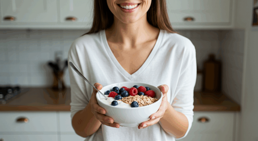 Woman with yogurt bowl for yogurt reduces colon cancer risk.