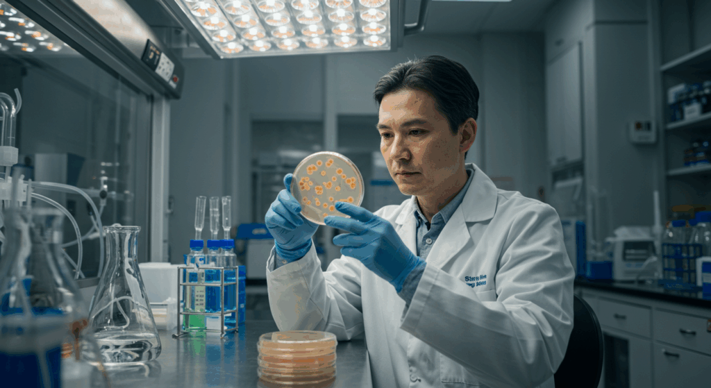 Scientist studying probiotics for yogurt and cancer research.