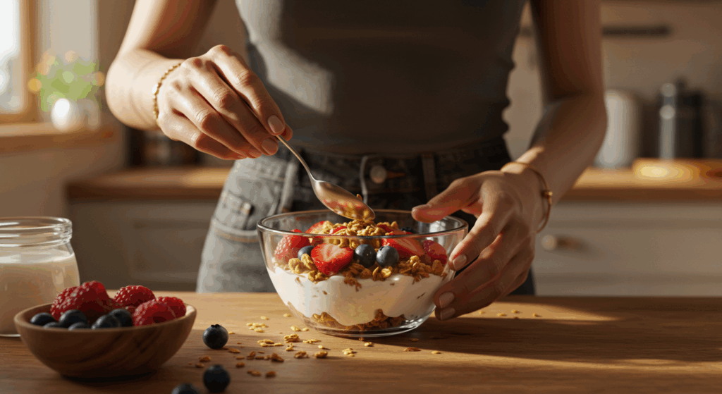 Preparing yogurt parfait for gut health benefits.