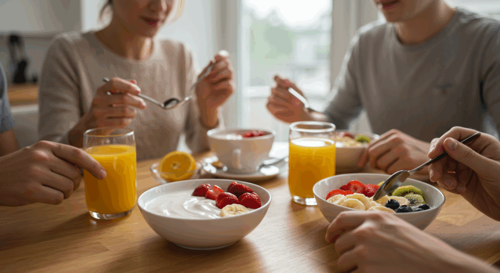Family eating yogurt for healthy diet.