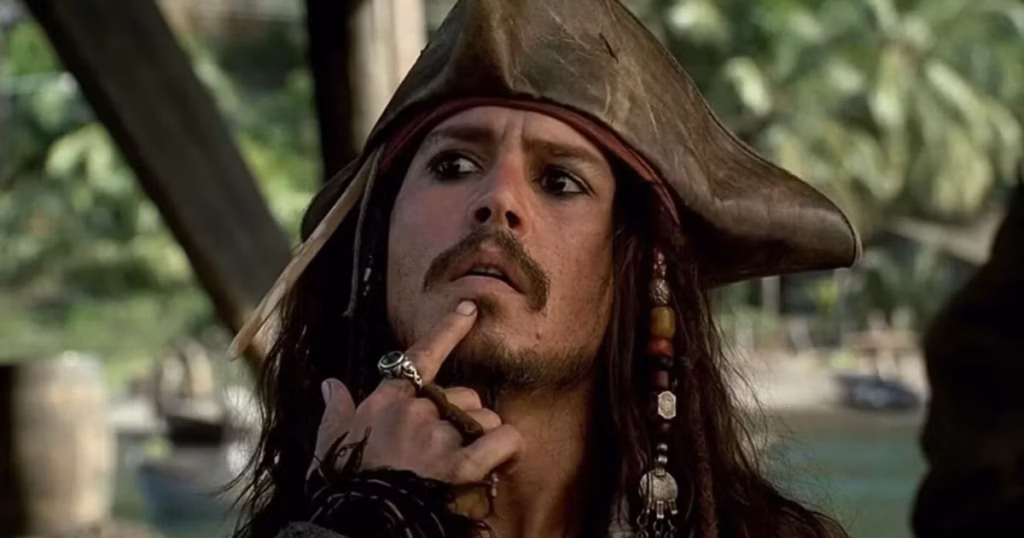 Johnny Depp as Captain Jack, swaggering in Pirates of the Caribbean.