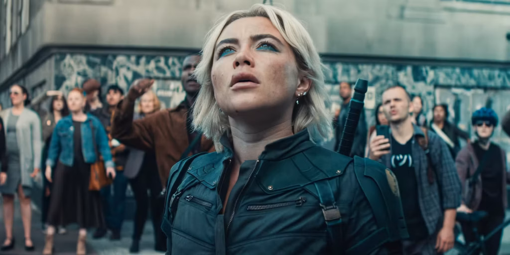 Florence Pugh in Thunderbolts, leading with gritty intensity.