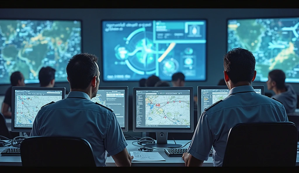 Qatar airspace control center with officials watching radar screens, tense atmosphere