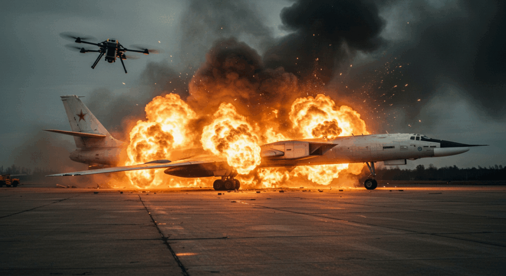 Ukrainian drone striking a Tu-95 bomber at Belaya airbase, showcasing Ukraine drone attack with dramatic flames and smoke