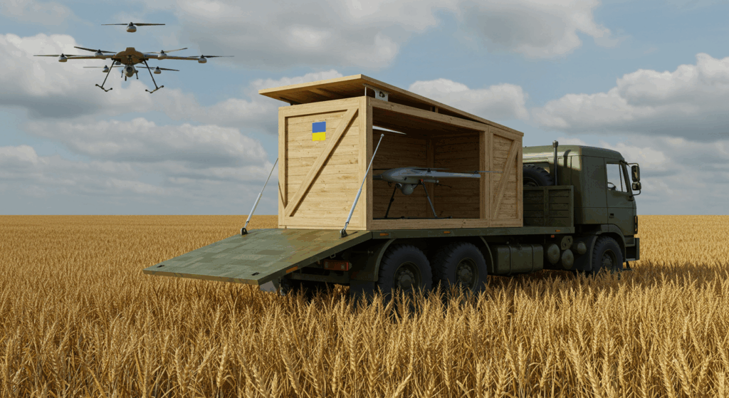 Ukrainian drone launching from a truck crate, embodying Ukraine drone attack with covert, tactical precision