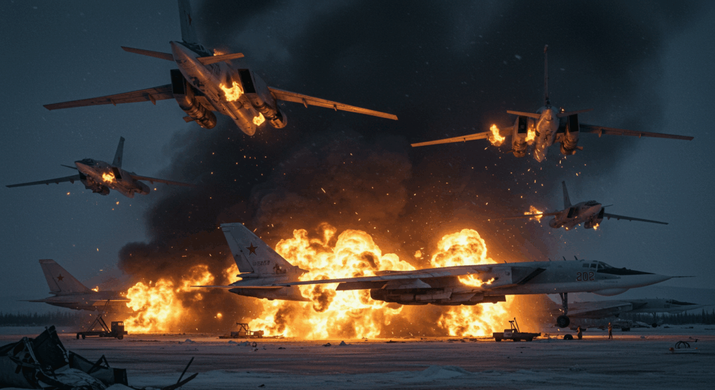 Burning Tu-22M3 bombers at Olenya airbase, showcasing Ukraine drone attack with fiery, chaotic destruction.