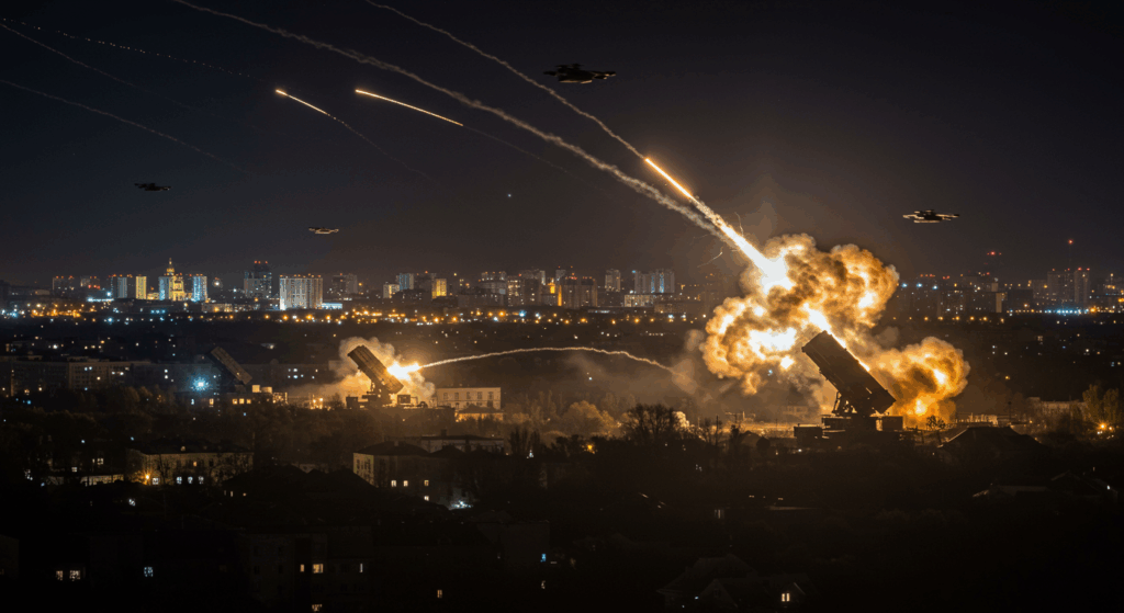 Ukrainian defenses intercepting Russian drones over Kyiv, countering Russian drone attack with intense, defensive action