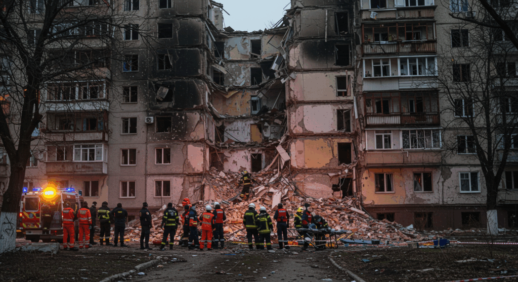 Damaged Ukrainian apartment after Russian drone attack, showcasing the somber impact with urgent emergency response.