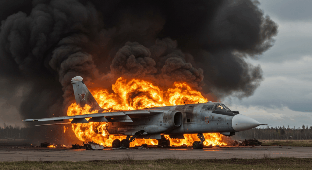 Burning A-50 aircraft at Ivanovo airbase, embodying Ukraine drone attack with destructive, striking impact.