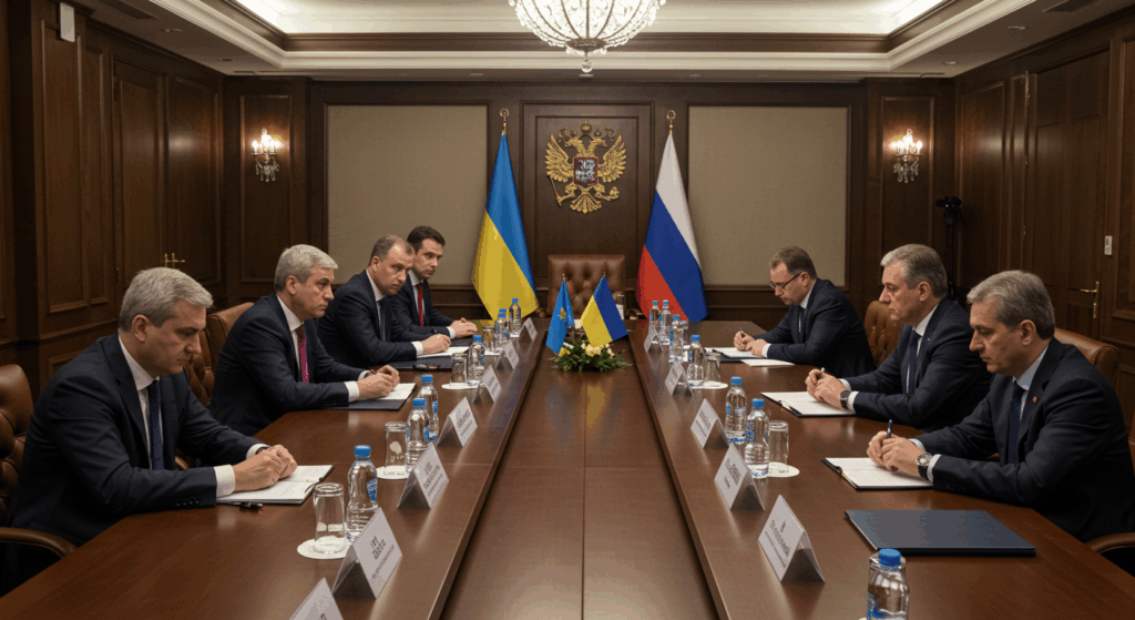 Negotiators in Istanbul peace talks, reflecting Ukraine-Russia war tensions with a serious, diplomatic setting
