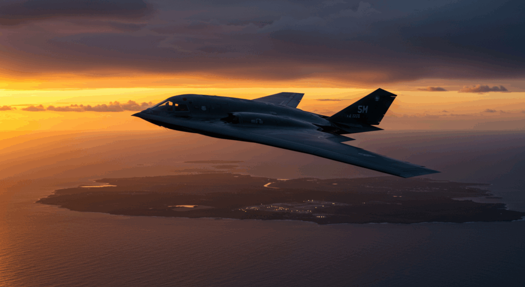 B-2 stealth bomber 2025 over Guam at sunset