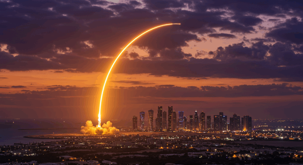 Missile launch at dusk over Doha skyline, dramatic clouds, high resolution