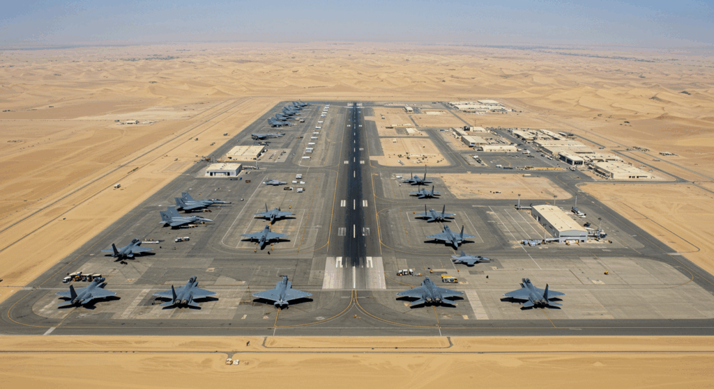 Al Udeid Air Base aerial view, U.S. jets on tarmac, Qatar desert background