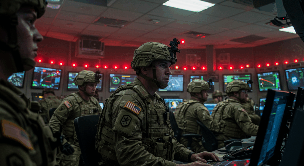 US soldiers taking shelter inside Al Udeid Base command center, alarm lights flashing red, intense expressions, digital screens showing missile tracking