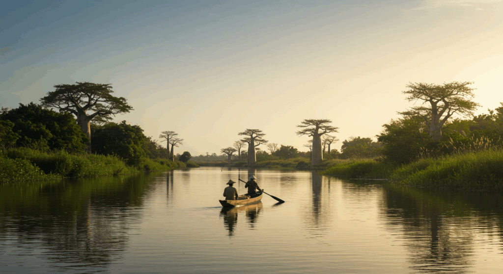 Malagasy fisherman in a wooden canoe on the Tsiribihina River